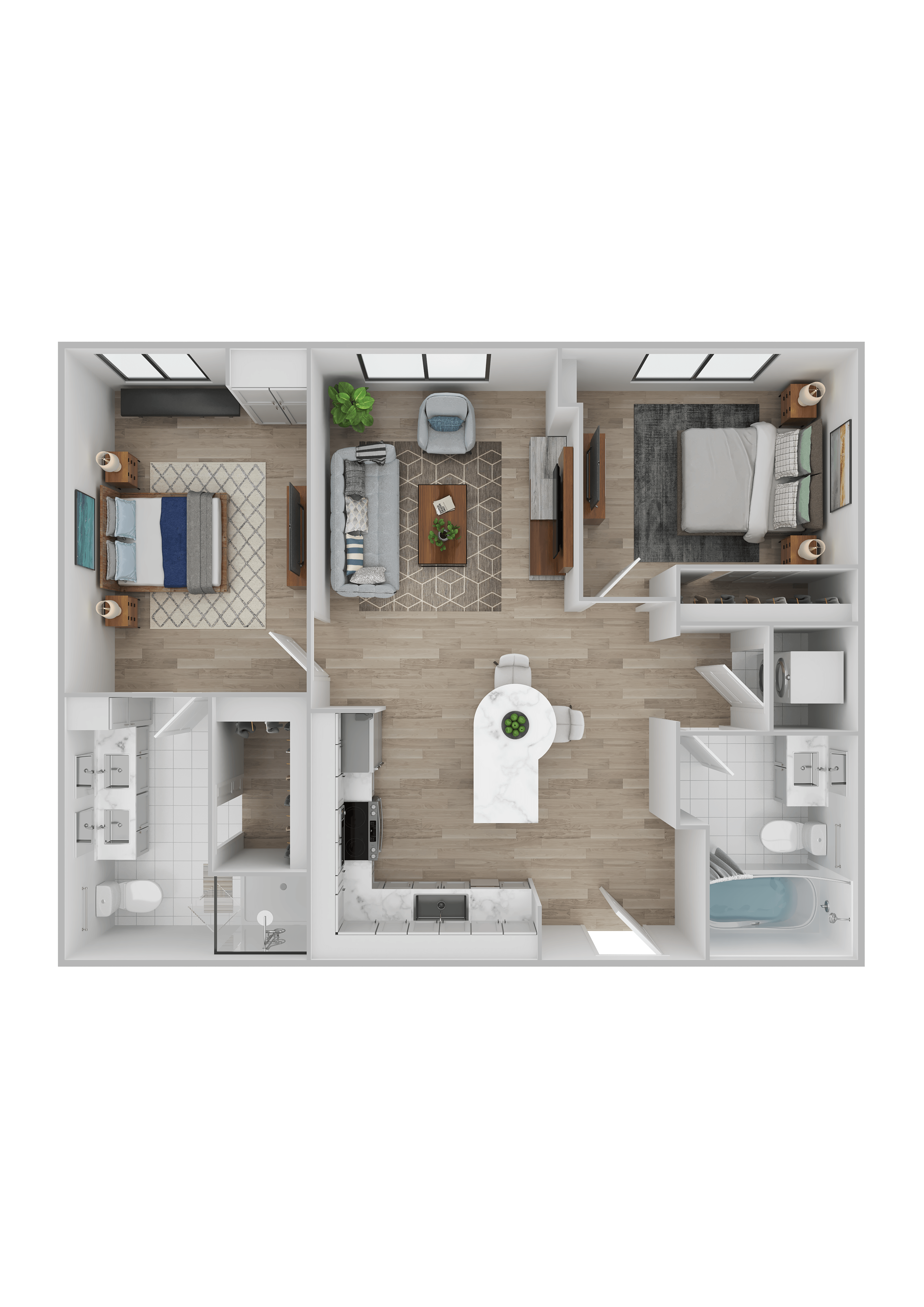 Floor plan for 2 beds, 2 baths, 834 sqft